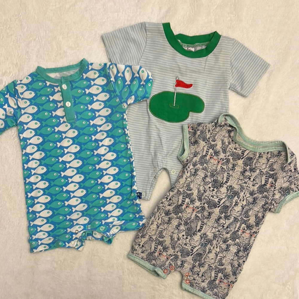 Kickee Pants Teal, Blue & Green Fish, Golf and Jungle Print One-Piece Set